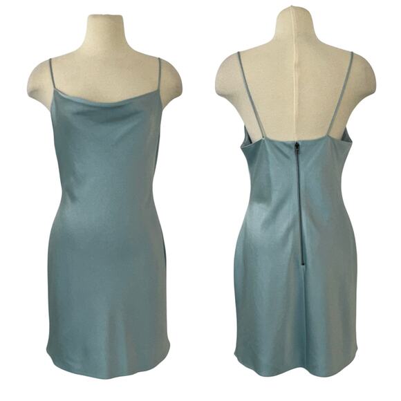 Alice + Olivia Harmony Mini Slip Dress in Waterfall Light Blue Satin 8 - Picture 1 of 11